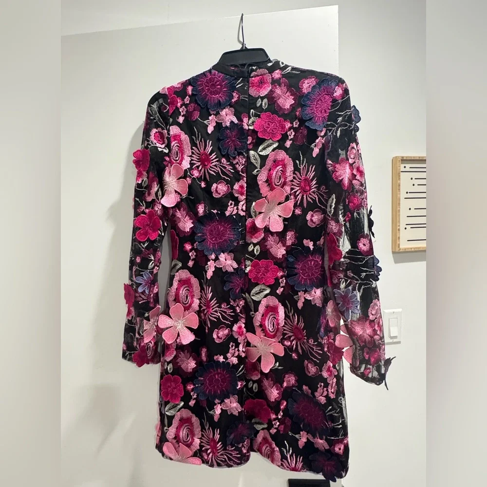 Monique Lhuillier Pink and Black Floral Long Sleeve Dress - Picture 5 of 7